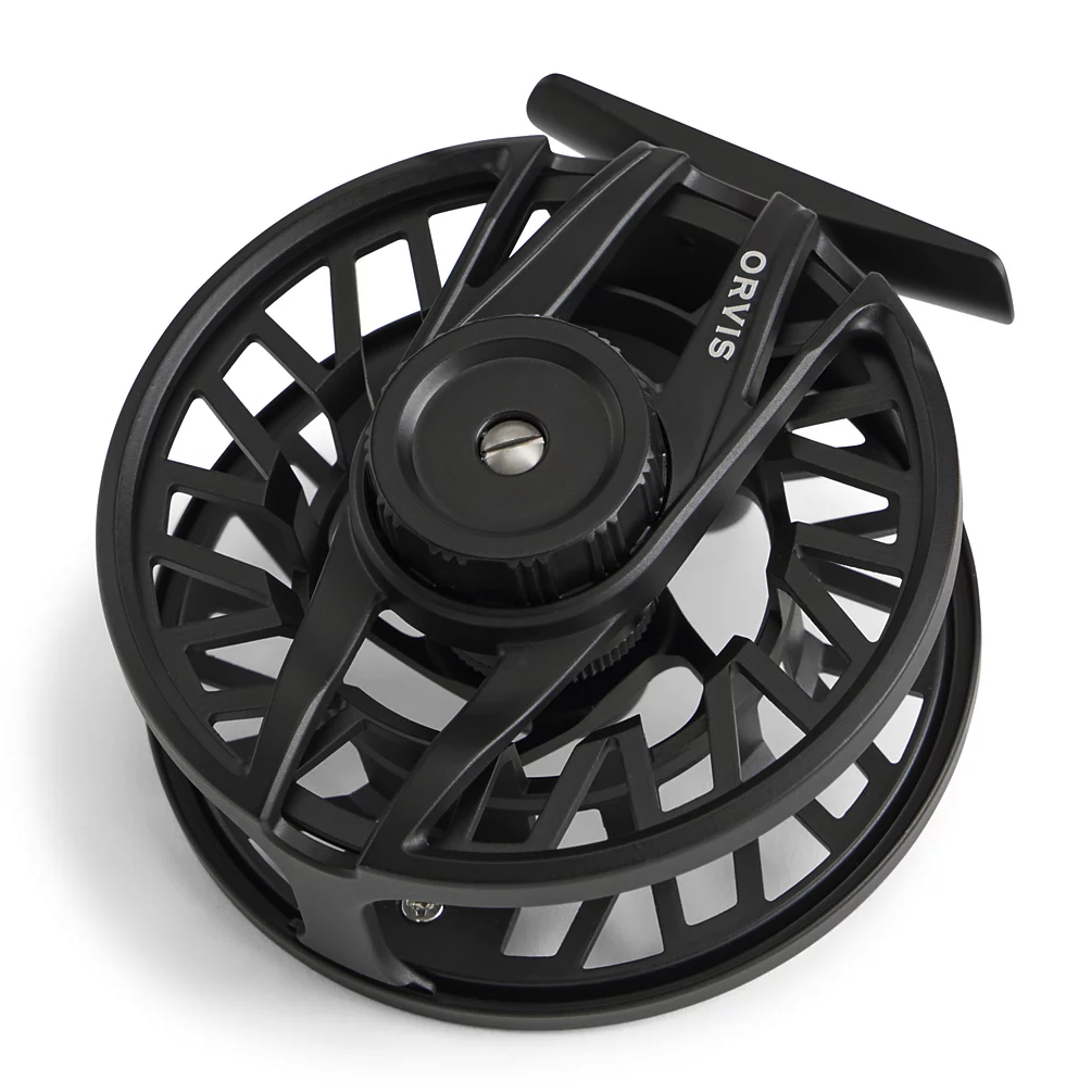 Angled back side view of empty black Orvis Clearwater Fly Reel