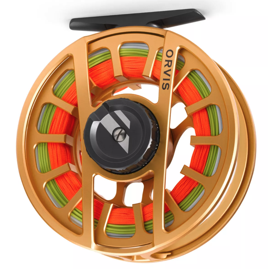 Ergonomically designed Orvis Hydros fly reel with radiused reel foot for leader protection