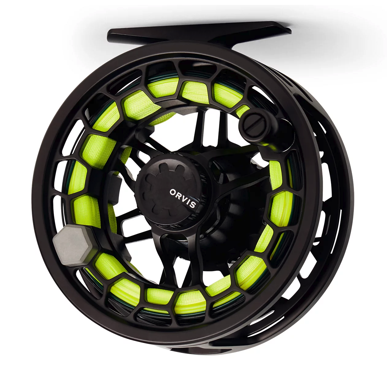 Back of Orvis Ratio Fly Reel Blackout with fly line and backing