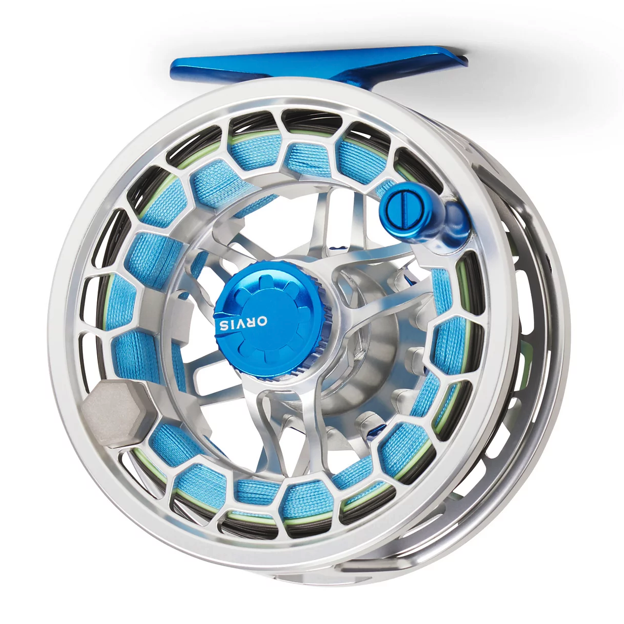 Back of Orvis Ratio Fly Reel Silver Deep Sea with fly line and backing