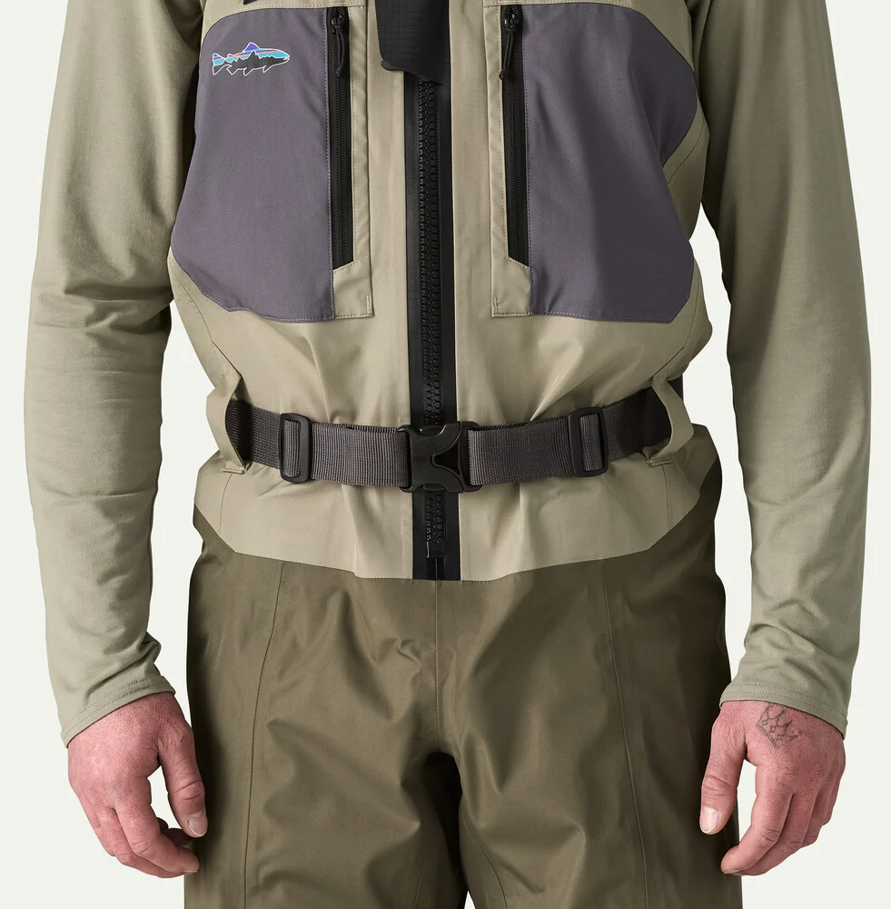 Man in waders wearing Patagonia Secure Stretch Wading Belt