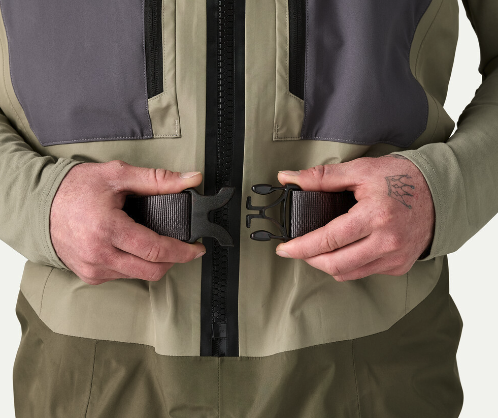 Close up of man in waders buckling Patagonia Secure Stretch Wading Belt