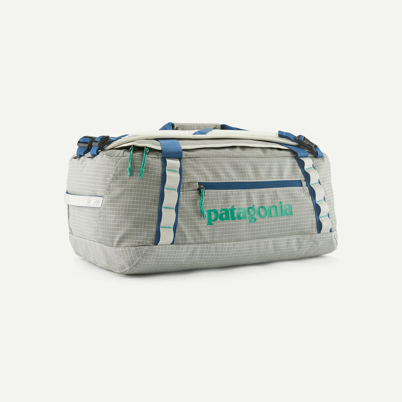 Patagonia Black Hole Duffel 40L in light gray with backpack straps and daisy chains for outdoor and camping travel