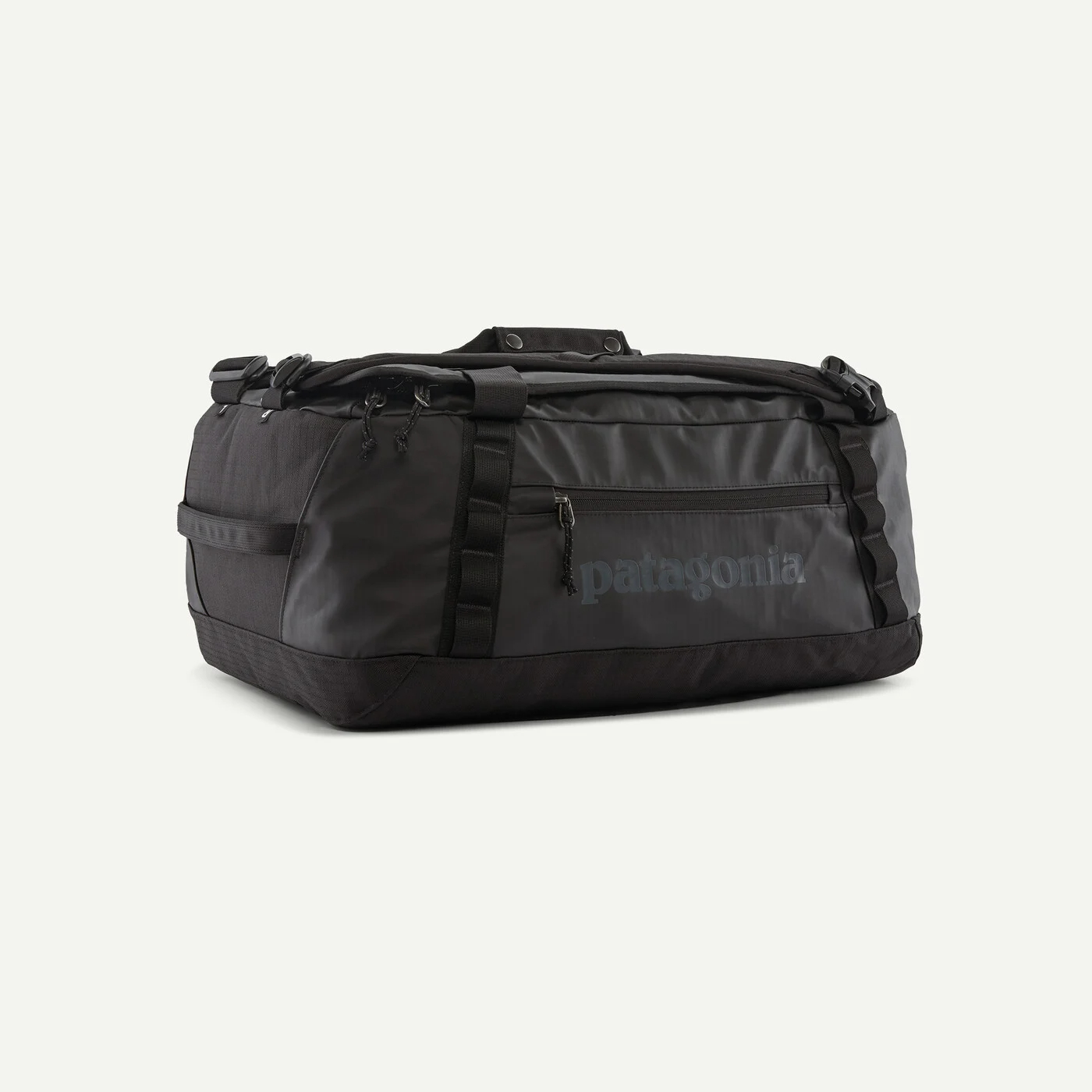 Patagonia Black Hole Duffel 40L in black with recycled fabric, zip pocket, reinforced handles, and outdoor gear lash points