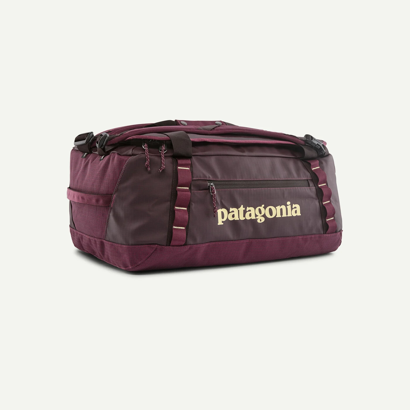 Patagonia Black Hole Duffel 40L in burgundy with weather-resistant fabric for camping, fishing, and carry-on travel