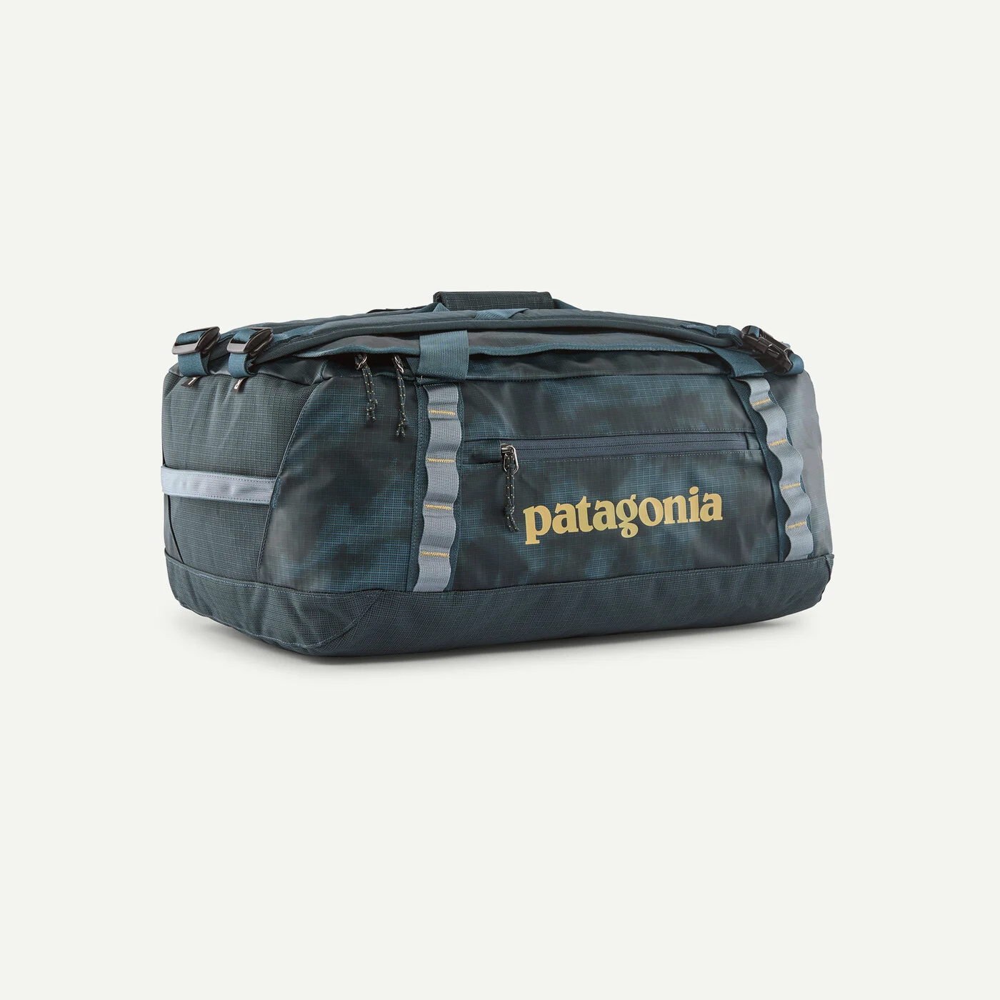 Patagonia Black Hole Duffel 40L in blue-green with zip pocket and daisy chains for camping and fishing gear