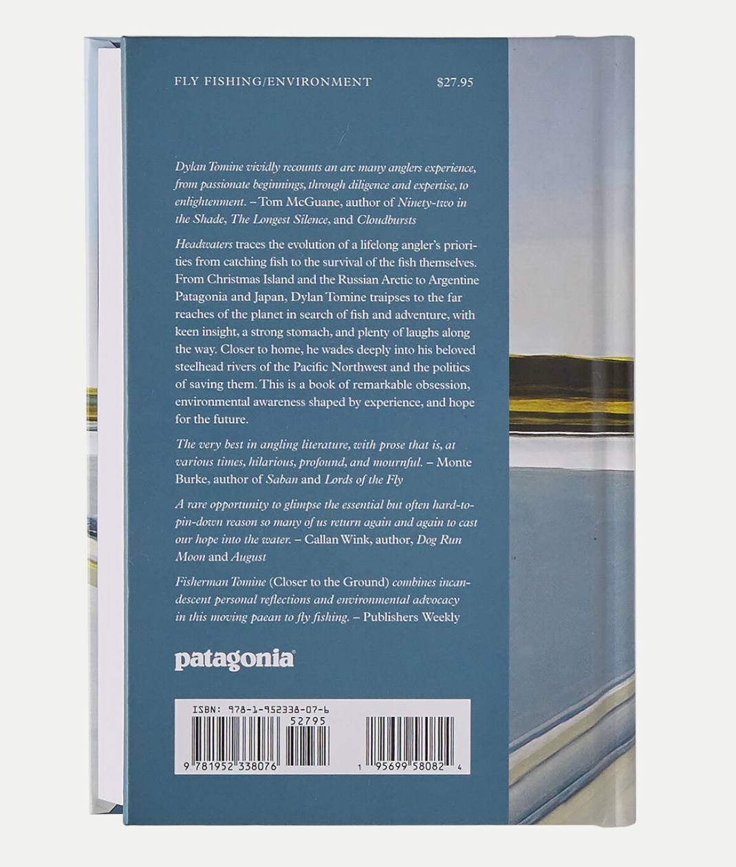 Back cover of Headwaters by Dylan Tomine fly fishing book featuring steelhead fishing adventures and conservation stories