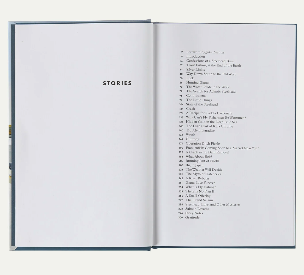 Headwaters hardcover fly fishing book by Dylan Tomine showing table of contents with steelhead fishing stories and essays