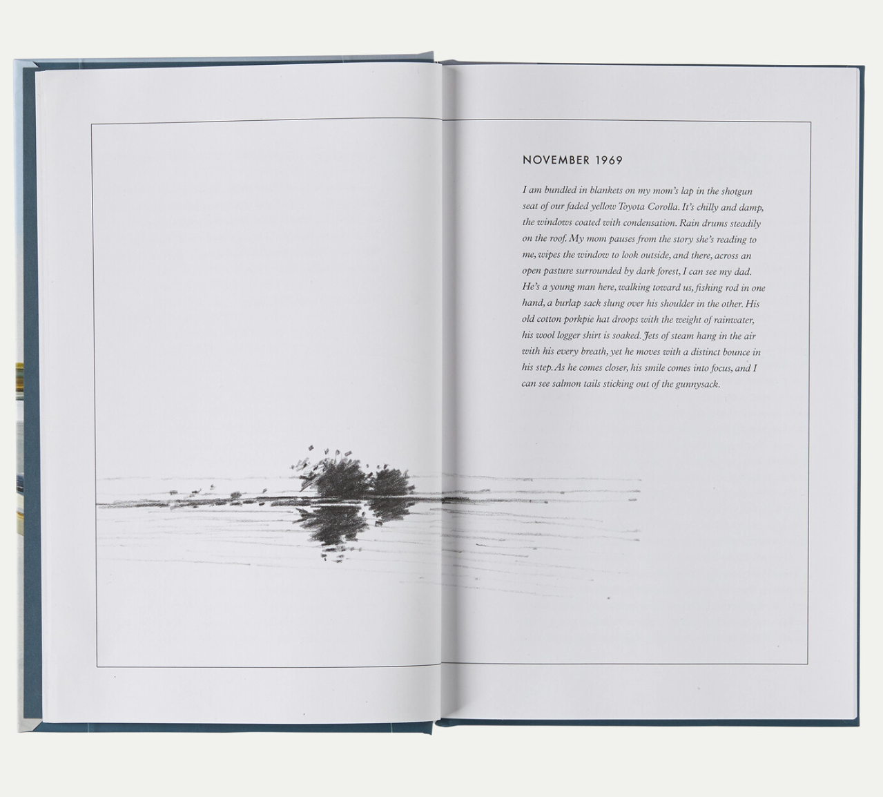 Interior pages of Headwaters by Dylan Tomine featuring November 1969 childhood fishing memoir and river illustration