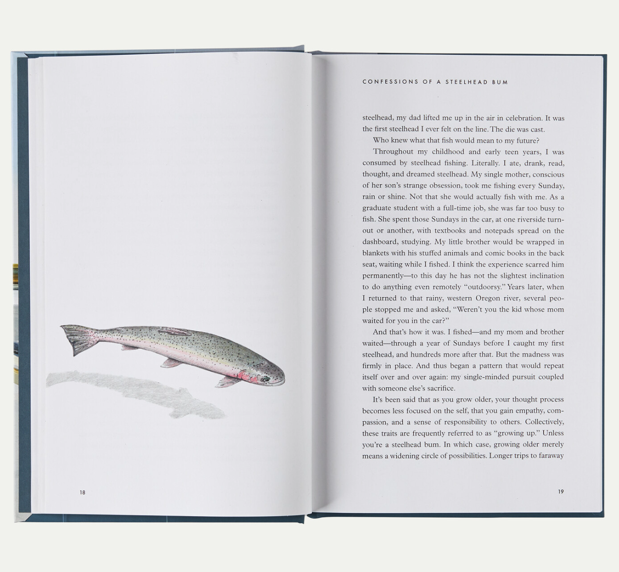 Headwaters fly fishing book interior featuring illustrated steelhead trout and Confessions of a Steelhead Bum chapter