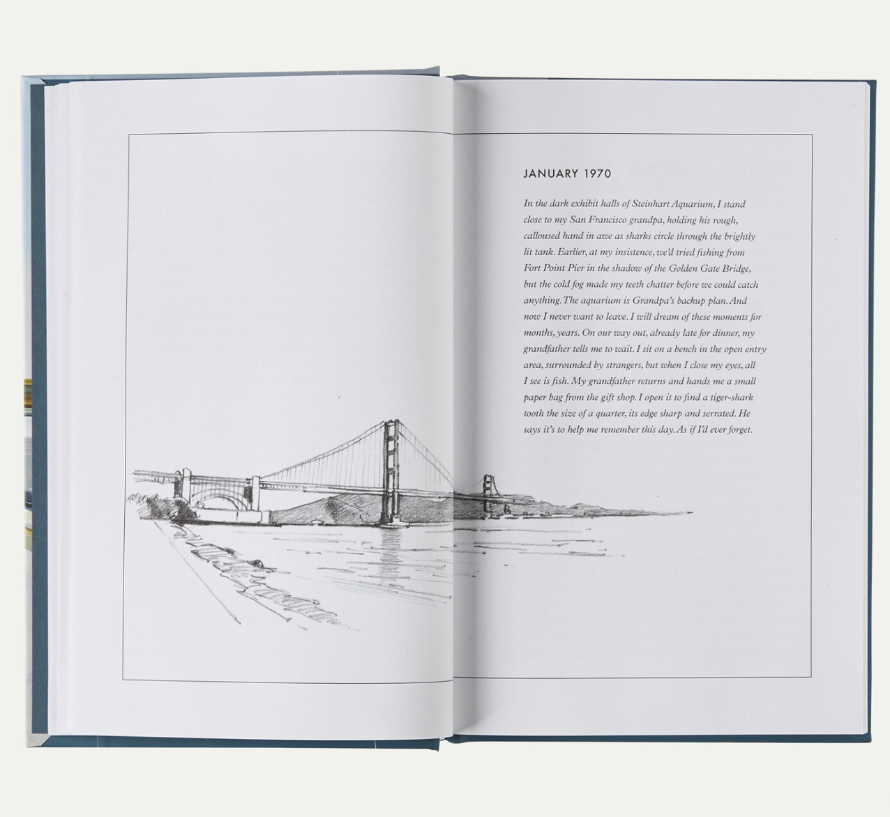 Headwaters by Dylan Tomine hardcover book showing January 1970 childhood fishing story and Golden Gate Bridge illustration