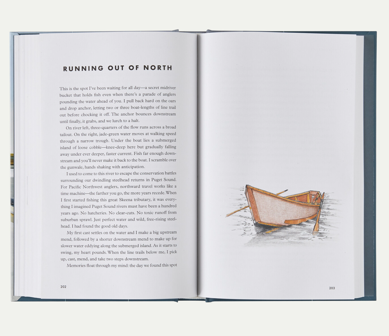 Interior of Headwaters by Dylan Tomine showing Running Out of North steelhead fishing story and illustrated wooden drift boat