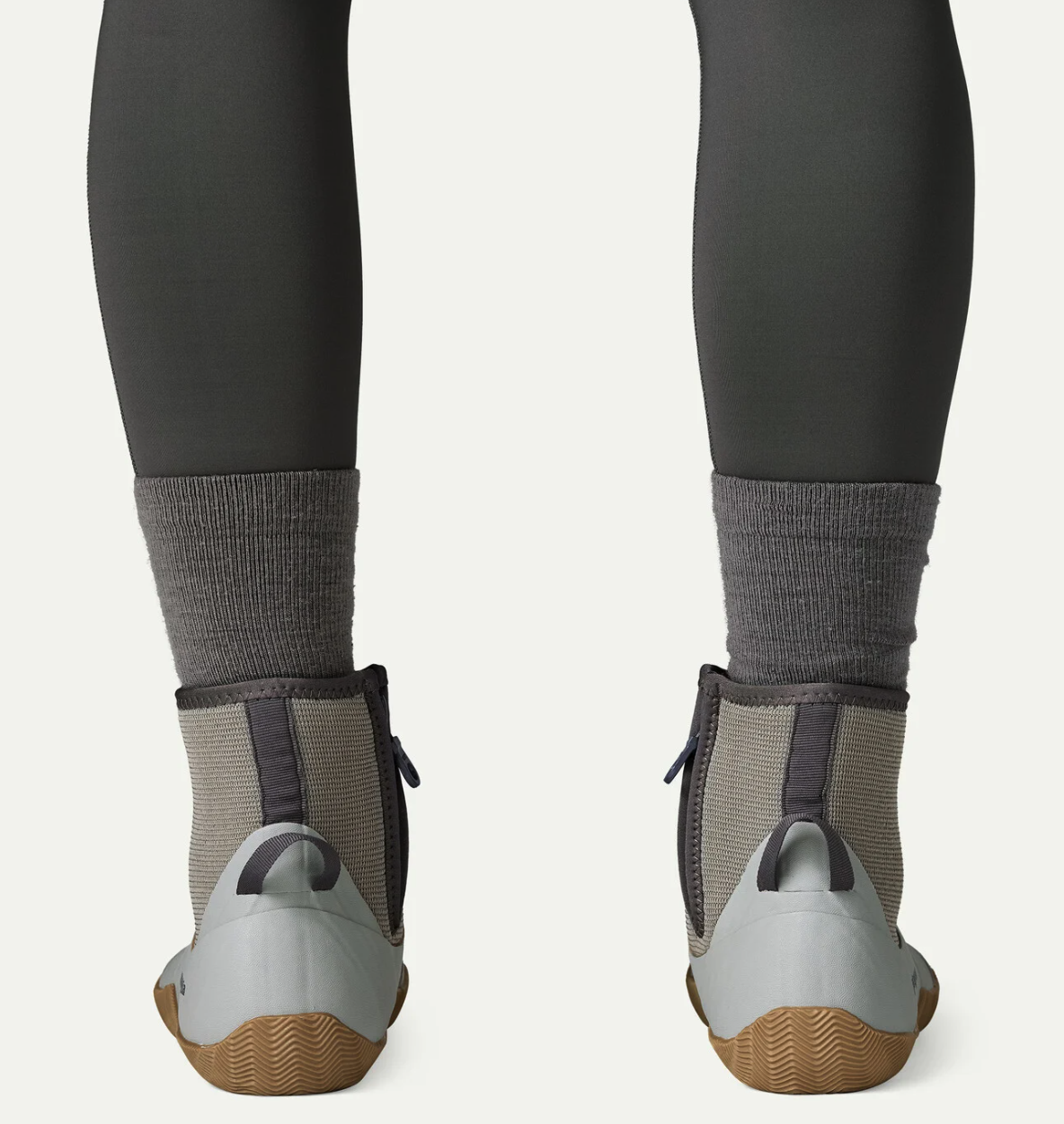Rear view of Patagonia Salt Wading Booties showing ankle-high coverage and heel pull tabs for saltwater fly fishing.