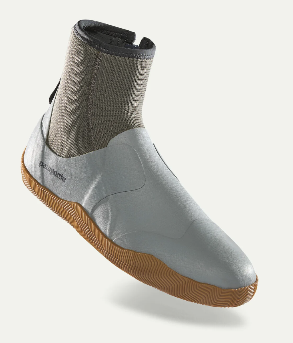 Angled view of Patagonia Salt Wading Bootie featuring lightweight Yulex rubber construction for saltwater fly fishing.