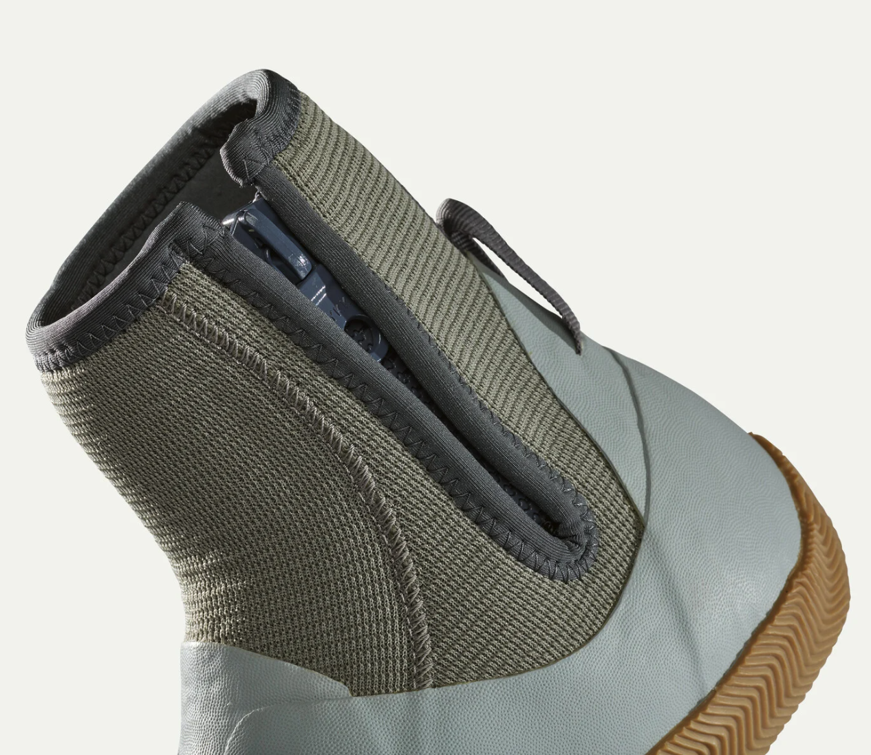 Close-up of Patagonia Salt Wading Bootie featuring corrosion-resistant side zipper and quick-draining ankle upper.