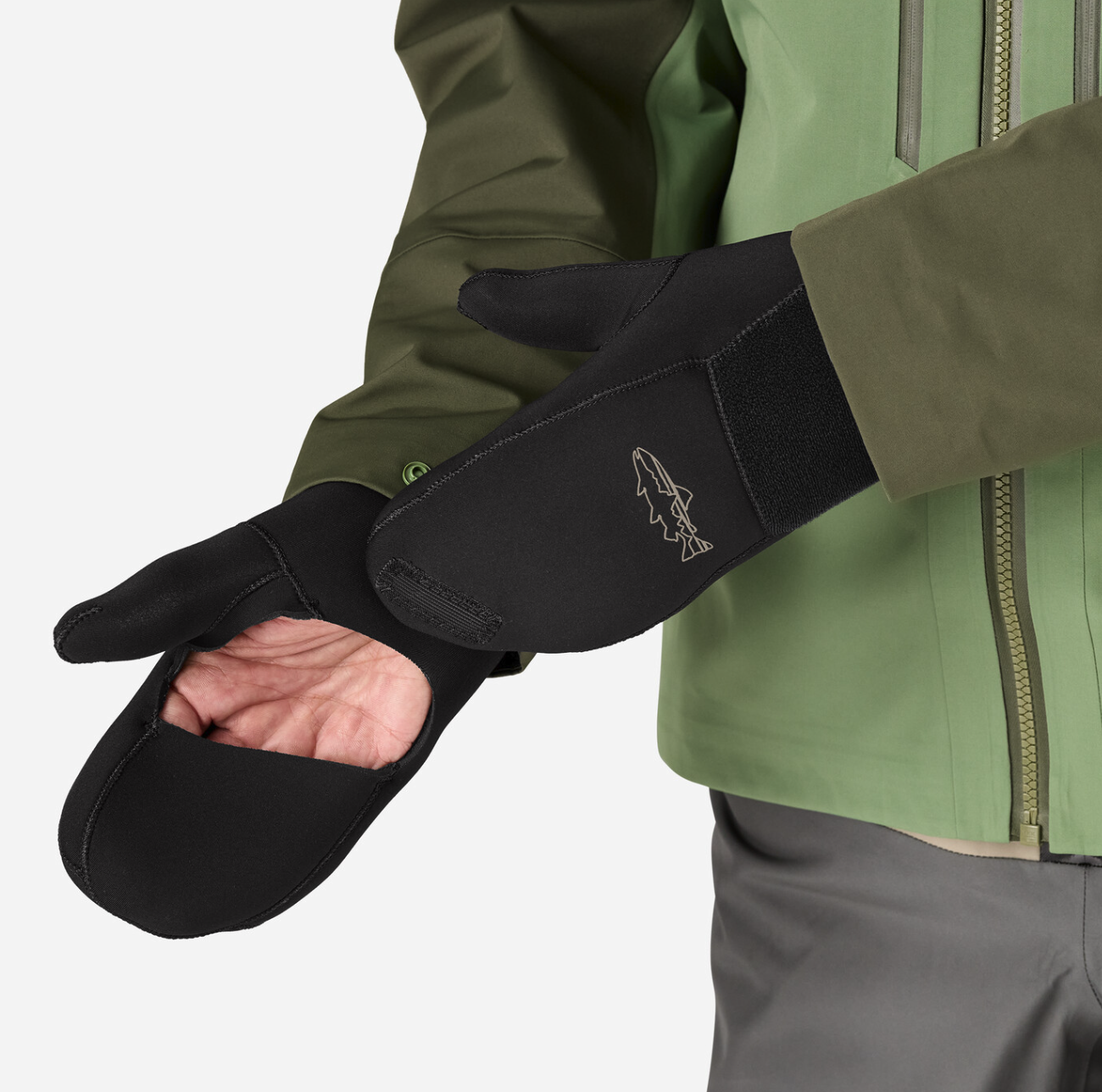 Close-up of Patagonia Homepool Fishing Mitt Gloves, featuring a soft, durable exterior for outdoor use.