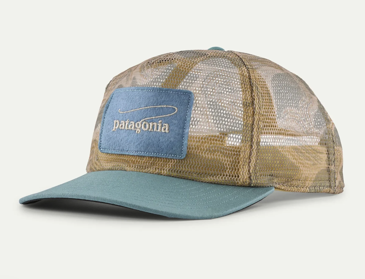 Angled view of Patagonia Breezefarer Mesh Cap Casting Logo Coastal Edge Natural color