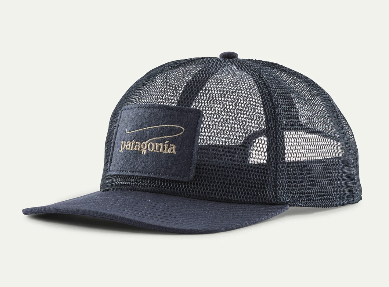 Angled view of Patagonia Breezefarer Mesh Cap Casting Logo Smolder Blue color