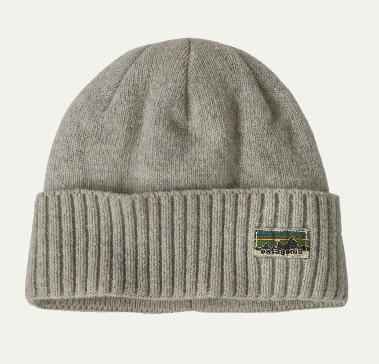 Patagonia Brodeo Beanie in Oatmeal Heather with recycled wool knit, ribbed cuff, and logo patch for cold-weather fishing