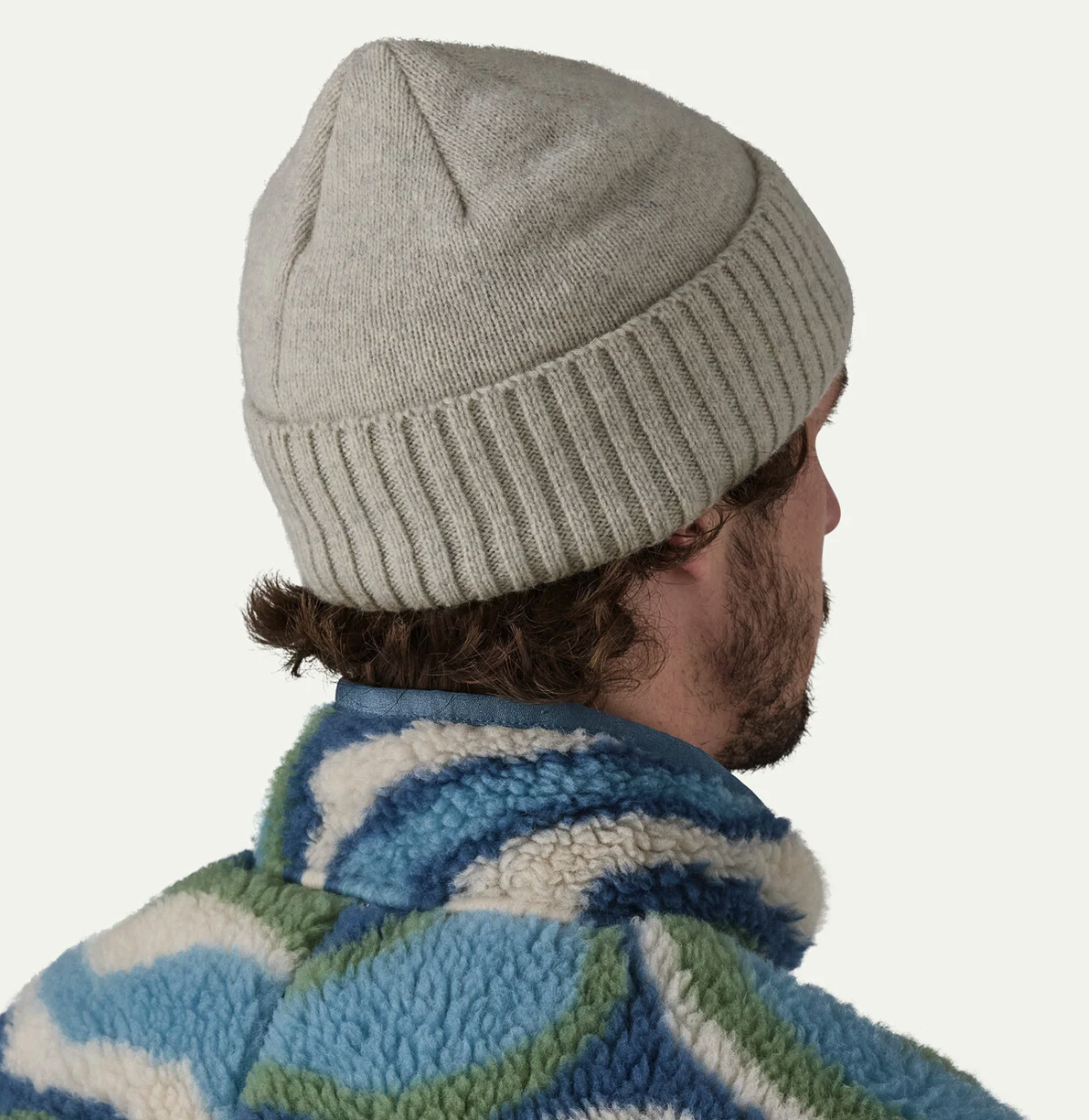 Rear view of Patagonia Brodeo Beanie Oatmeal Heather showing snug rib-knit cuff and low-profile fit for outdoor winter wear