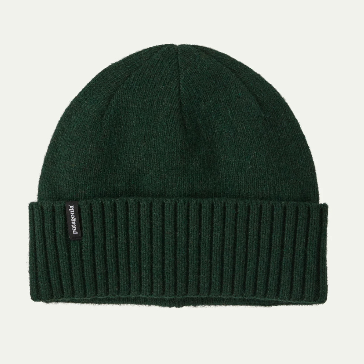 Patagonia Brodeo Beanie in dark green recycled wool blend with ribbed cuff and logo tag for cold-weather fishing and camping