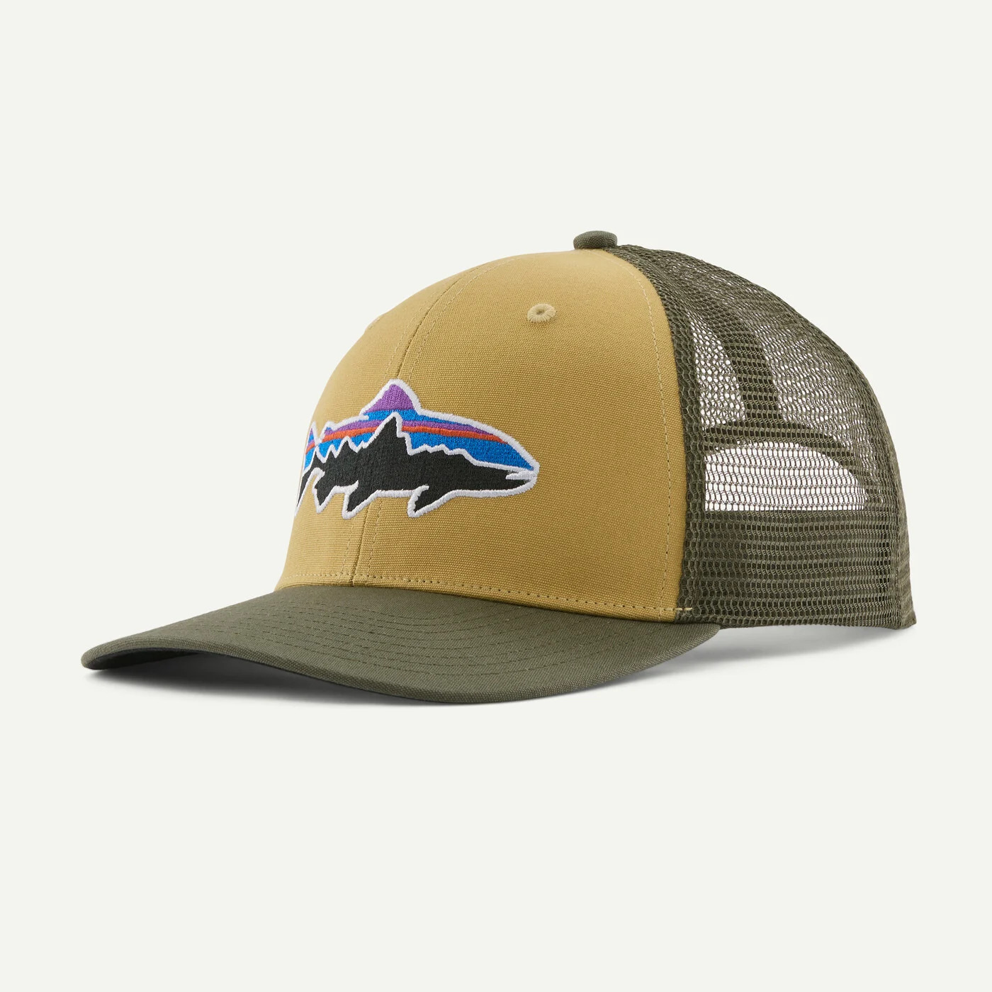 Classic Patagonia Fitz Roy Trout Trucker Hat with adjustable snapback and eco-friendly organic cotton front.