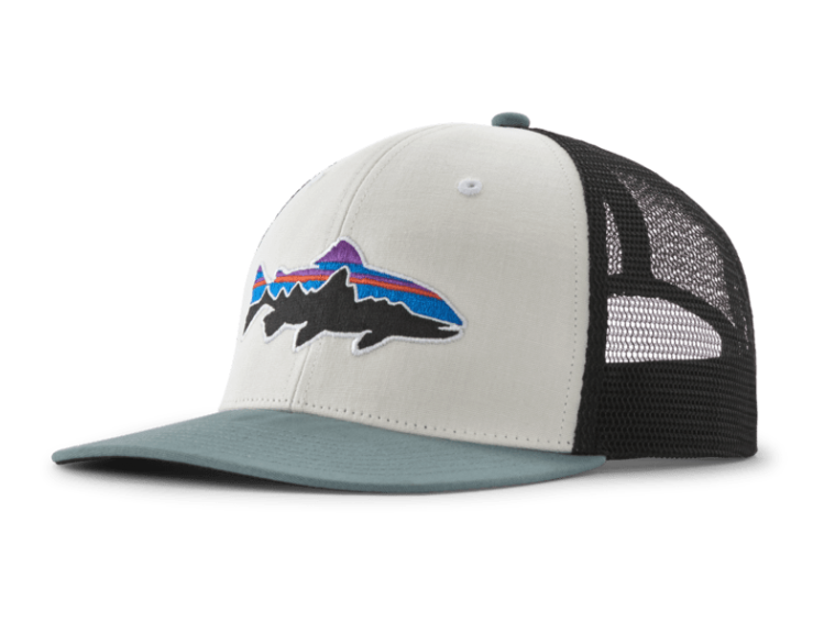 Patagonia Fitz Roy Trout Trucker hat in white with blue sage color