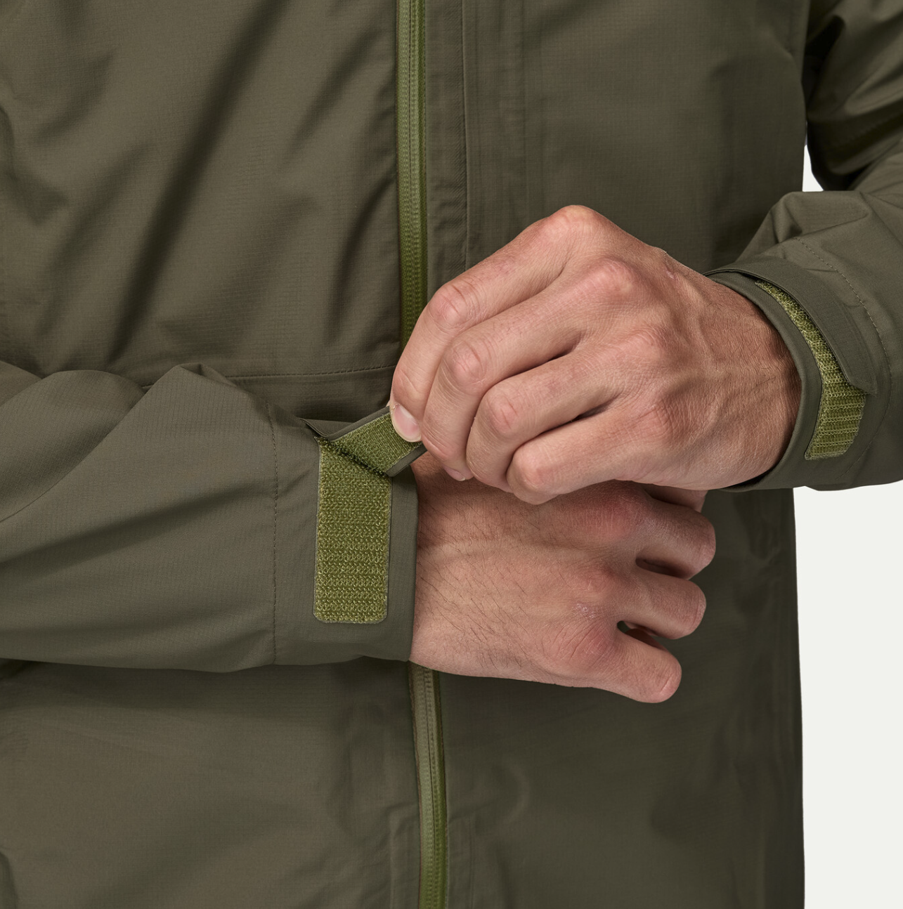 Velcro cuff detail of Patagonia Boulder Fork Rain Jacket.