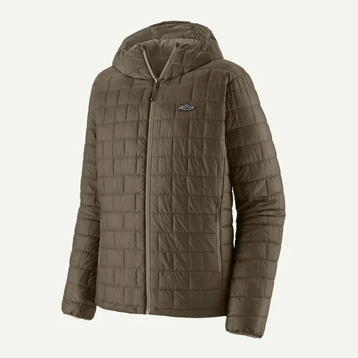 Patagonia Nano Puff Fitz Roy Trout Hoody in Basin Green, lightweight packable insulated jacket for fishing and hiking