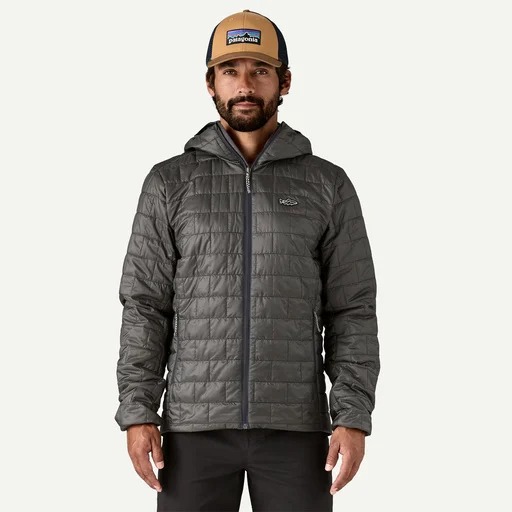Men’s Patagonia packable insulated jacket with hood for cold-weather fishing and outdoor adventures