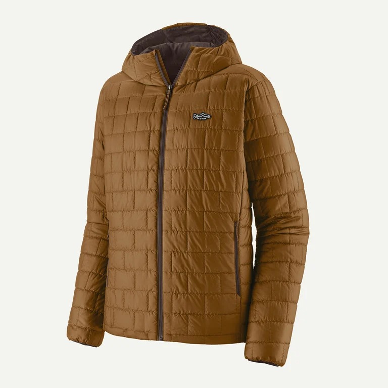 Patagonia Nano Puff Fitz Roy Trout Hoody in warm brown, packable insulated jacket for fishing and hiking