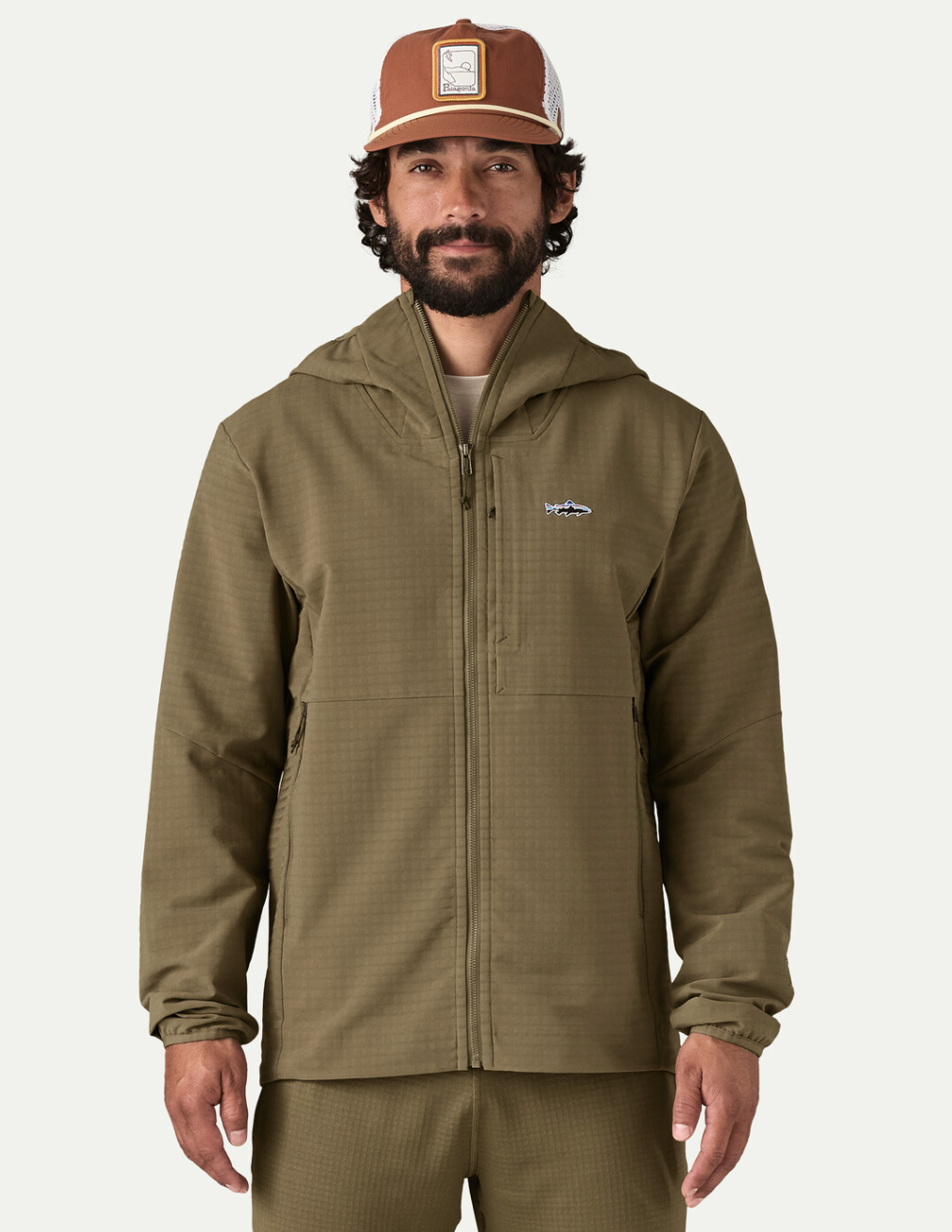Patagonia R1 TechFace Fitz Roy Trout Hoody Dark Ash on model.