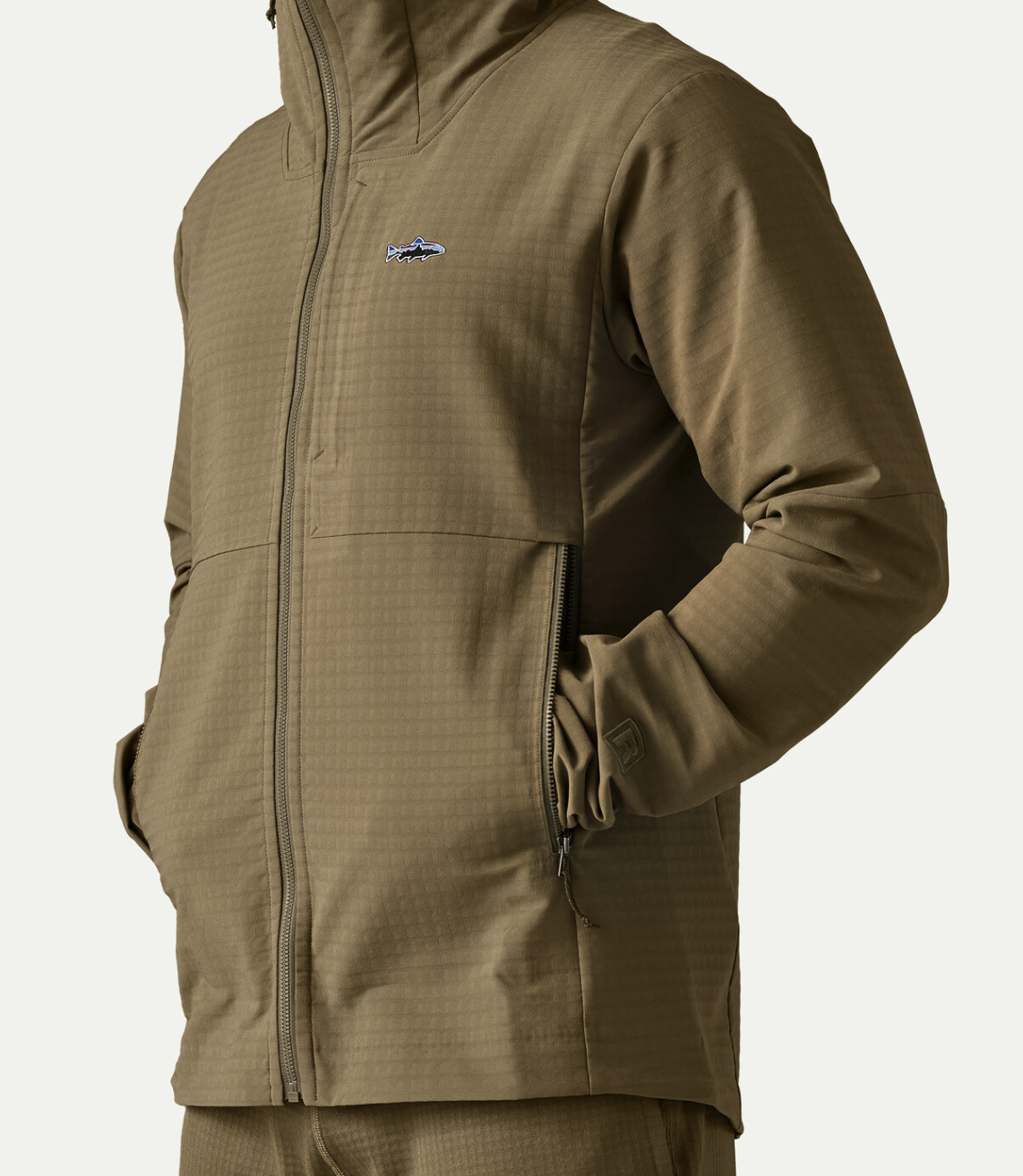 Patagonia R1 TechFace Fitz Roy Trout Hoody pocket detail on model.