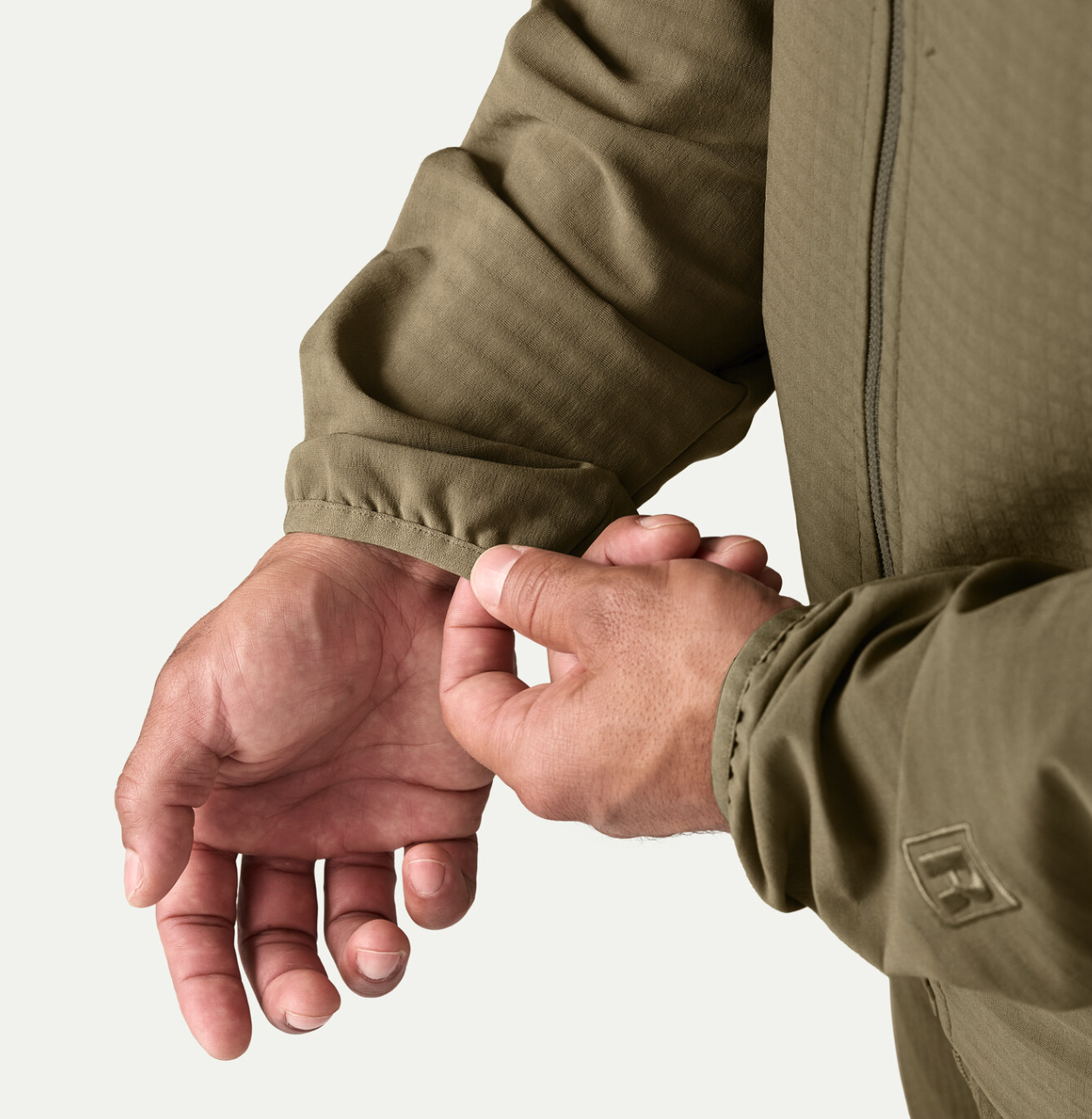 Cuff detail on  Patagonia R1 TechFace Fitz Roy Trout Hoody Dark Ash.