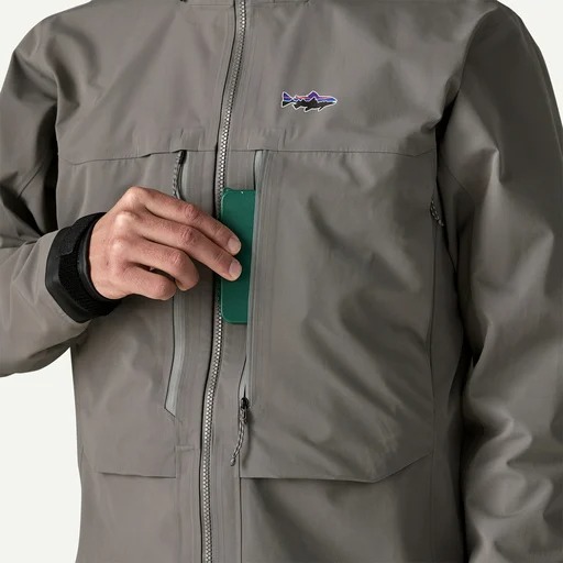 Patagonia Men’s Swiftcurrent Wading Jacket chest pocket for fly boxes and waterproof fishing gear storage