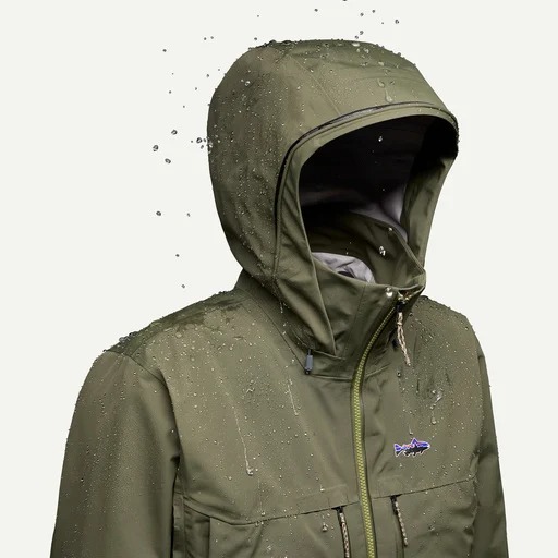 Patagonia Swiftcurrent Wading Jacket hood with rain-shedding design for heavy weather fly fishing
