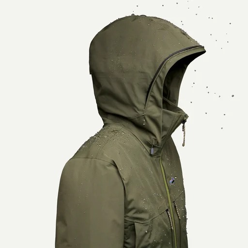Patagonia men’s wading jacket hood designed to fit over a fishing cap without limiting visibility