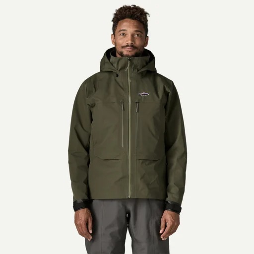Patagonia Men’s Swiftcurrent Wading Jacket worn with waders for waterproof fly fishing rain protection