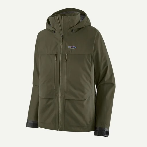 Patagonia Swiftcurrent Wading Jacket in green with waterproof breathable shell for anglers