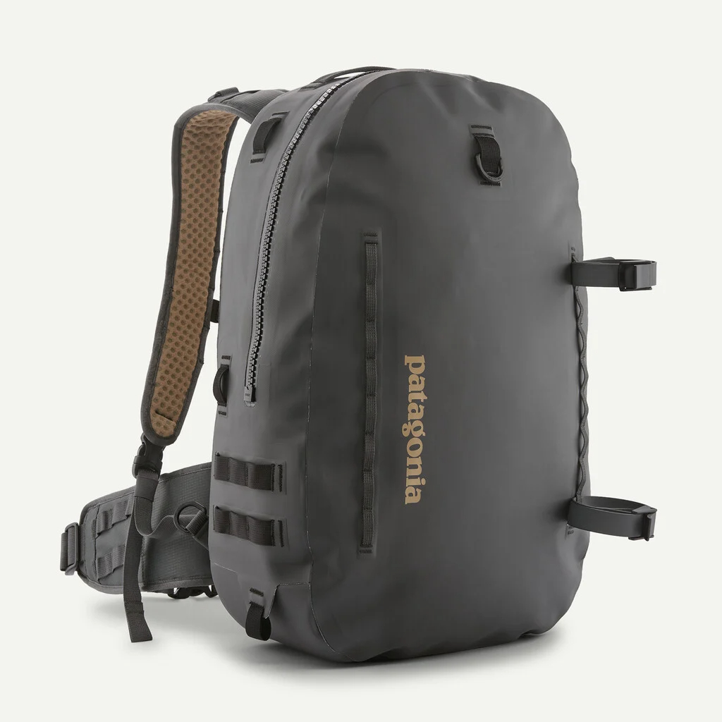 Patagonia Guidewater Backpack 25L waterproof fishing backpack with lash points, padded straps, and hip belt