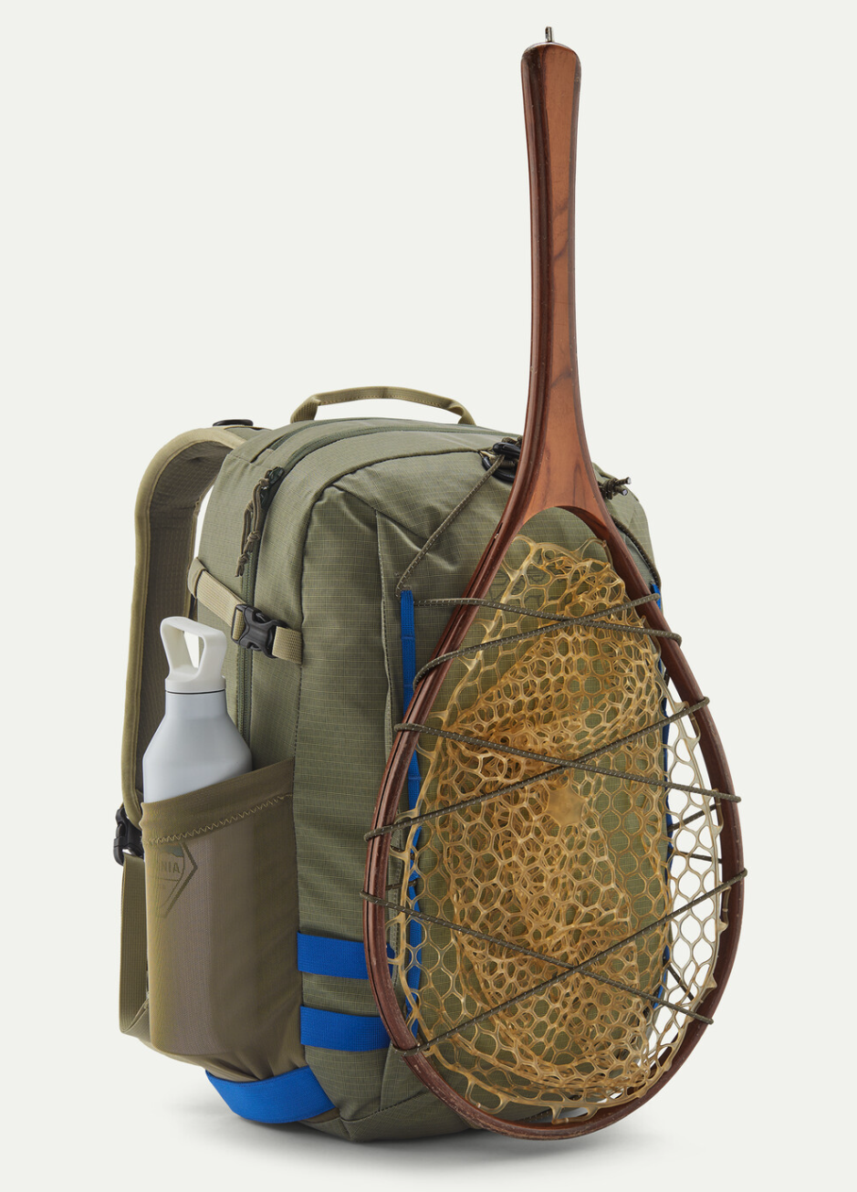 Patagonia Stealth Backpack 25L with net in straps and water bottle in holder