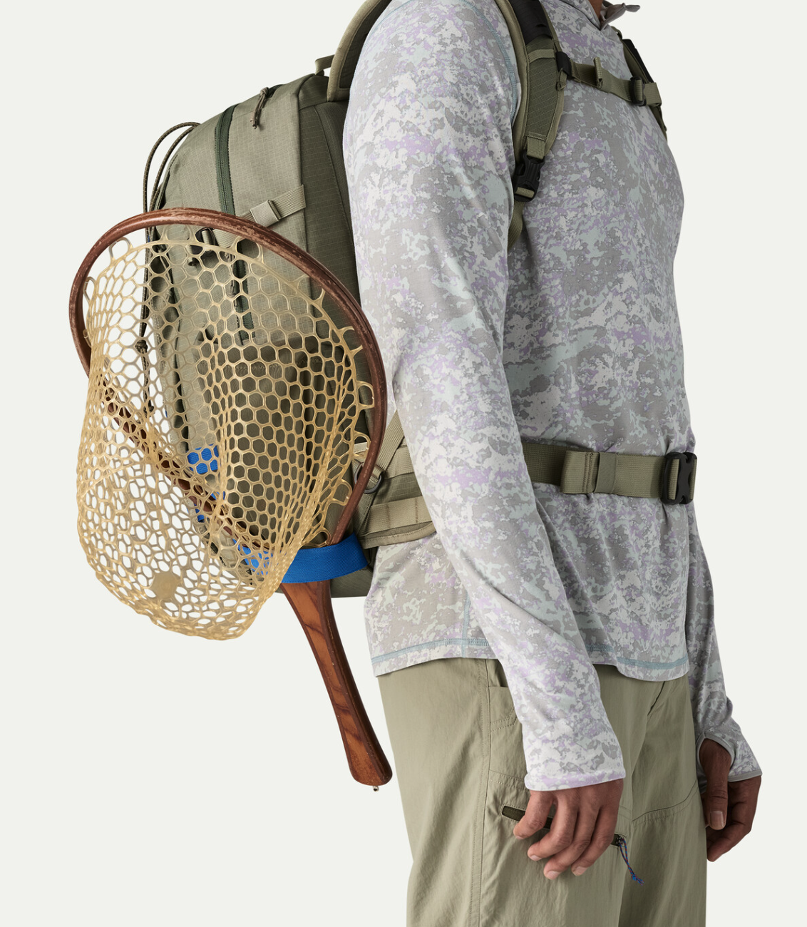 Side view of Patagonia Stealth Backpack 25L with net in holster.