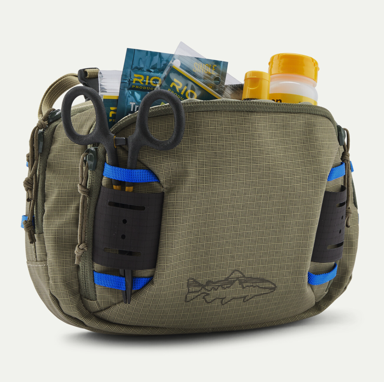 Patagonia Stealth Switch Fishing Pack 5L River Rock Green Color filled with accessories