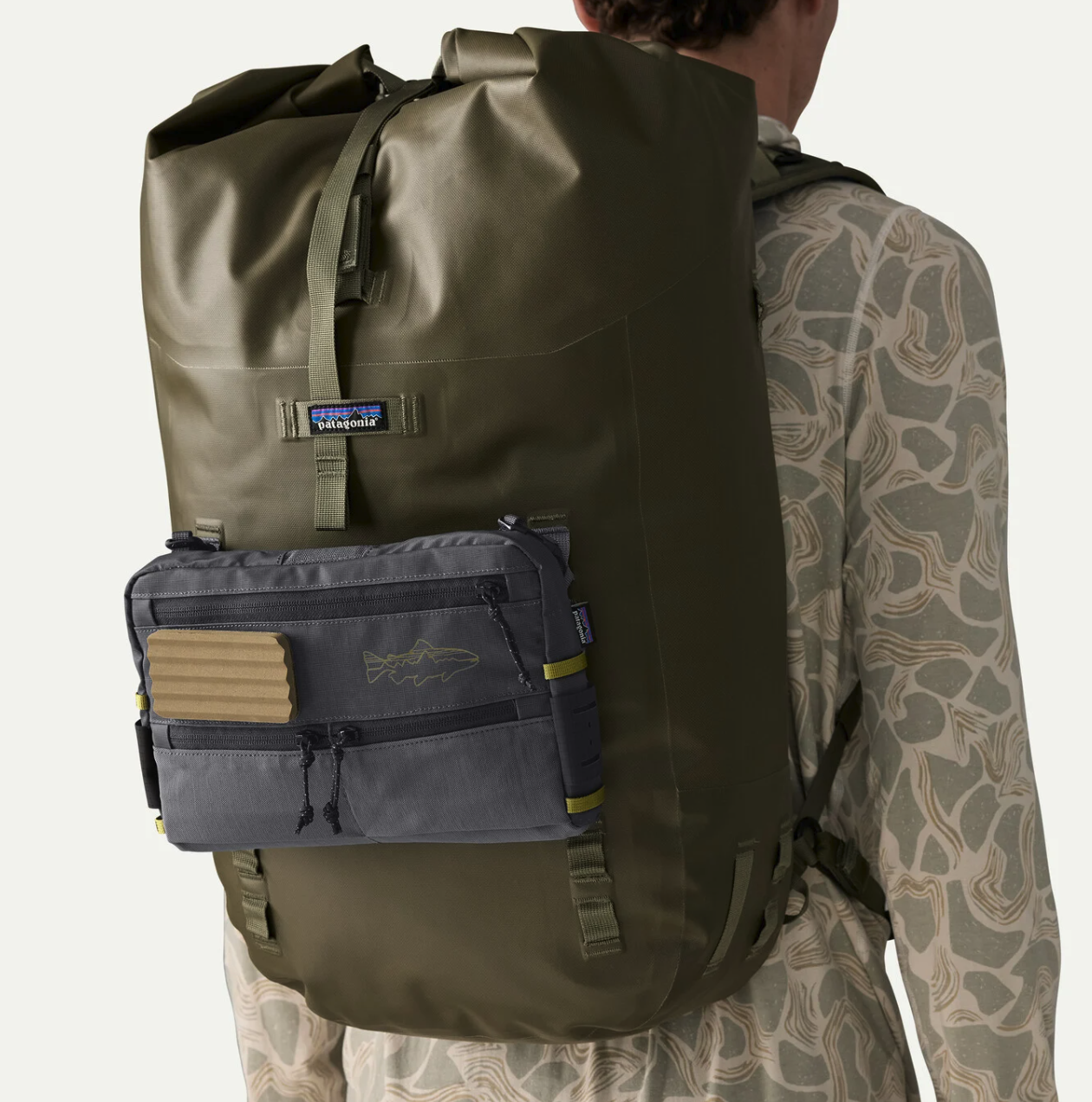 Patagonia Stealth Switch Fishing Pack 3L attached to Patagonia backpack