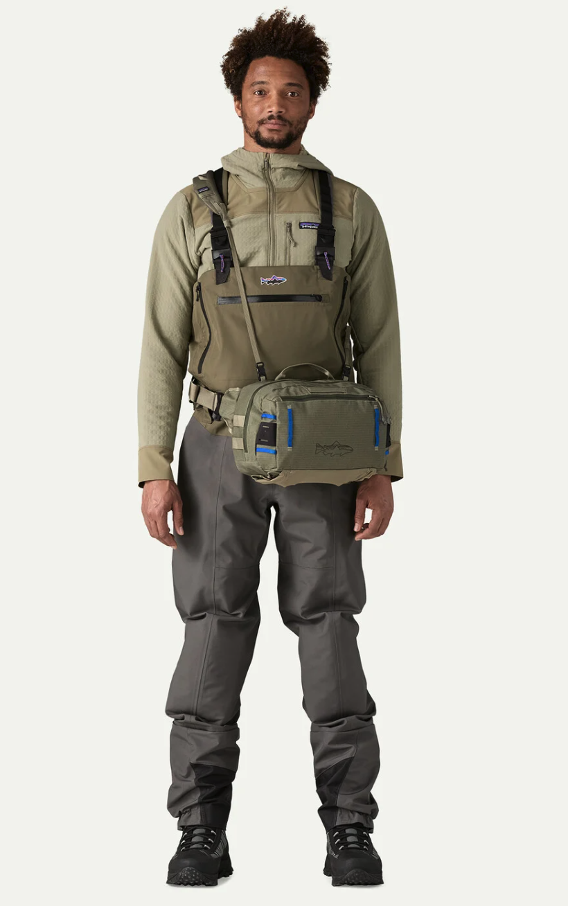 Model wearing Patagonia Stealth Switch Fishing Pack 9L on hip