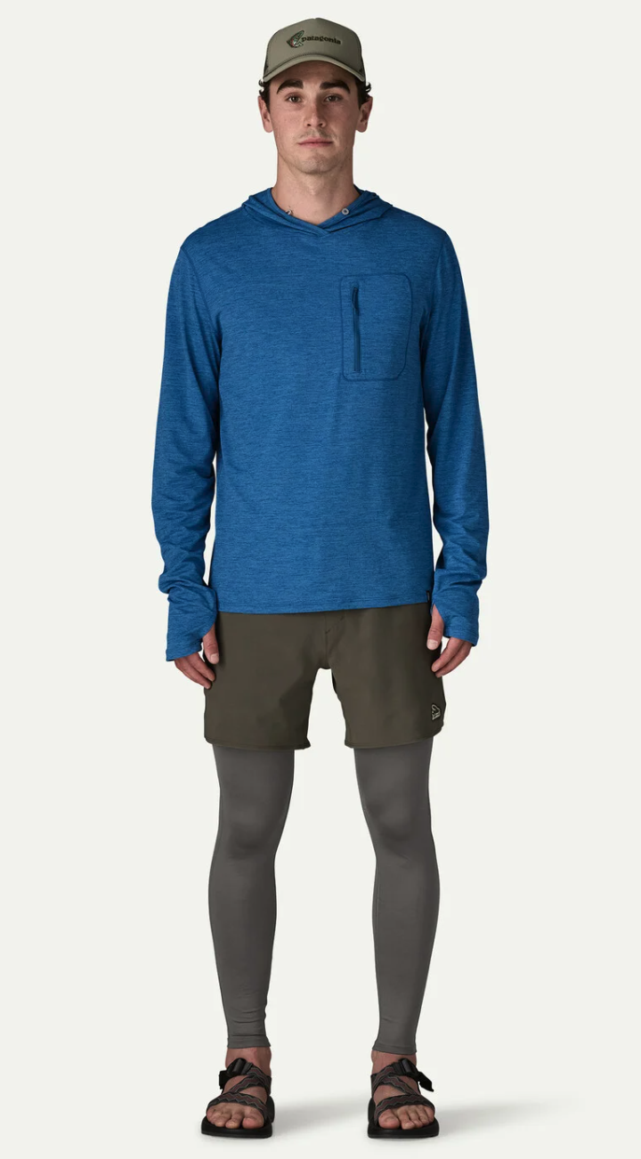 Model wearing Patagonia Men's Tropic Comfort Sun Tights under shorts