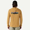 Model showing the back of Patagonia Capilene Cool Daily Graphic Hoody in Fitz Roy Trout: Beeswax Tan X-Dye