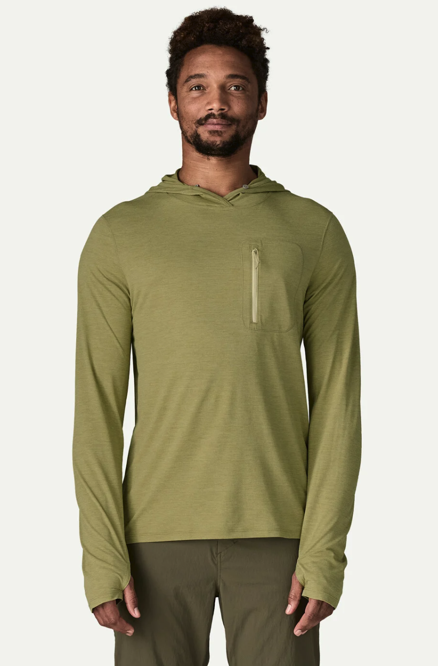 Front of model wearing Patagonia Capilene Cool Sun Hoody GGNX color