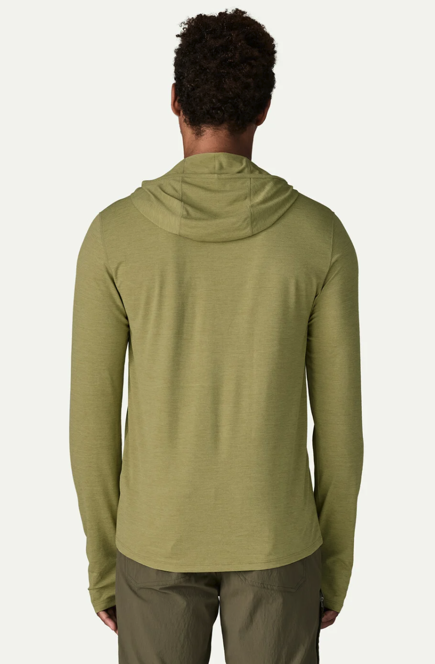 Back of model wearing Patagonia Capilene Cool Sun Hoody GGNX color