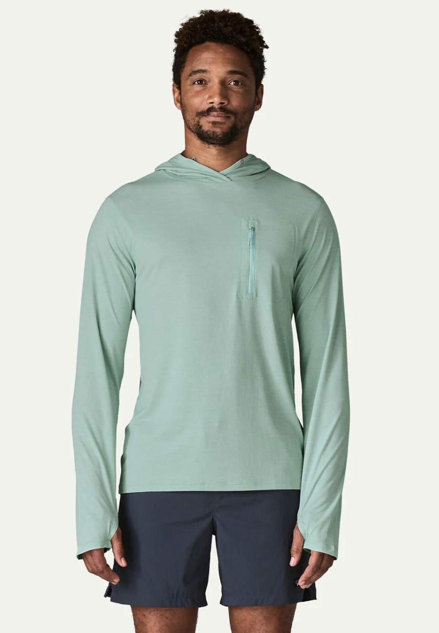 Model wearing Patagonia Capilene Cool Sun Hoody TBIX color